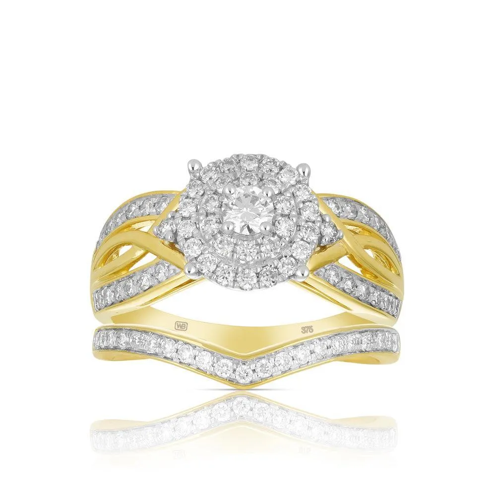 0.75ct TW Diamond Halo Engagement & Bridal Set in 9ct Yellow Gold