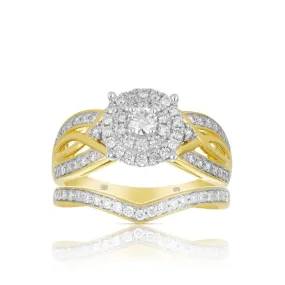 0.75ct TW Diamond Halo Engagement & Bridal Set in 9ct Yellow Gold