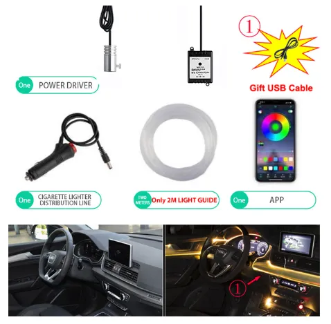 1IN1 2M RGB LED Atmosphere Car Interior Ambient Light Fiber Optic Strips Light by App Control Neon LED Auto Decorative Lamp