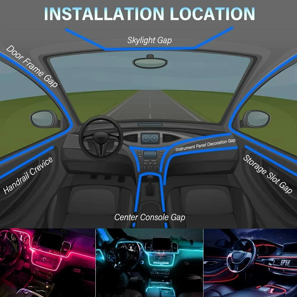 1IN1 2M RGB LED Atmosphere Car Interior Ambient Light Fiber Optic Strips Light by App Control Neon LED Auto Decorative Lamp