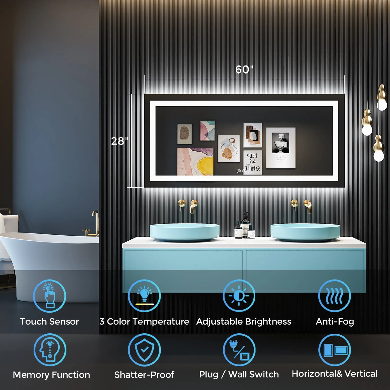 2022 Collection  Backlit   Frontlit LED Mirror for Bathroom 60  x 28 Inch