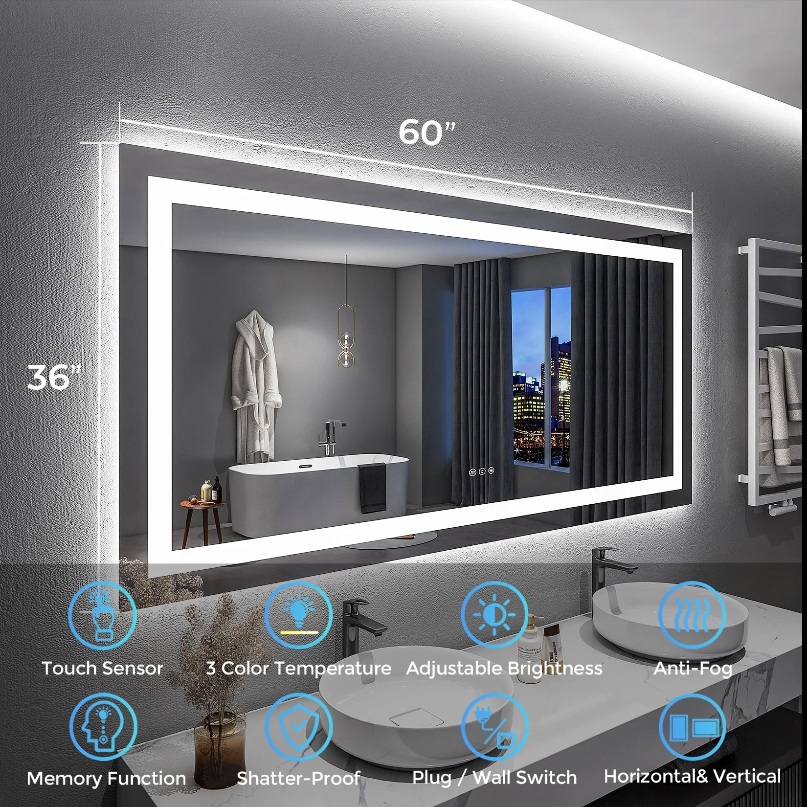 2022 Collection  Backlit   Frontlit LED Mirror for Bathroom 60 x 36 Inch