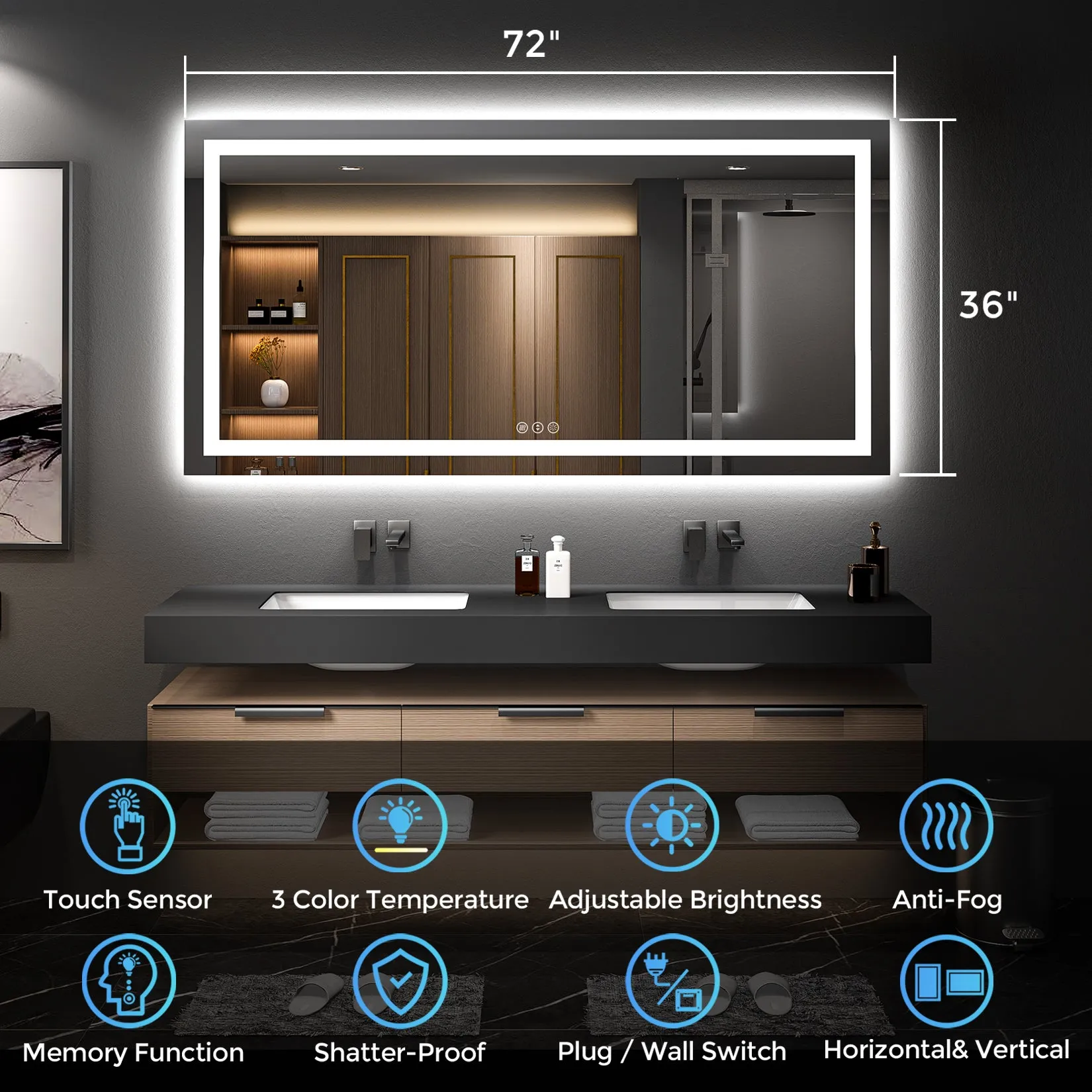 2022 Collection Backlit   Frontlit LED Mirror for Bathroom 72 x 36 Inch