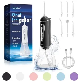 7AM2M Water Dental Flosser Cordless for Teeth,300ML Rechargeable Travel Portable Cleaner,with 6 Jet Tips and 3 Modes,IPX7 Waterproof Water Dental Flosser Picks for Cleaning(Black)