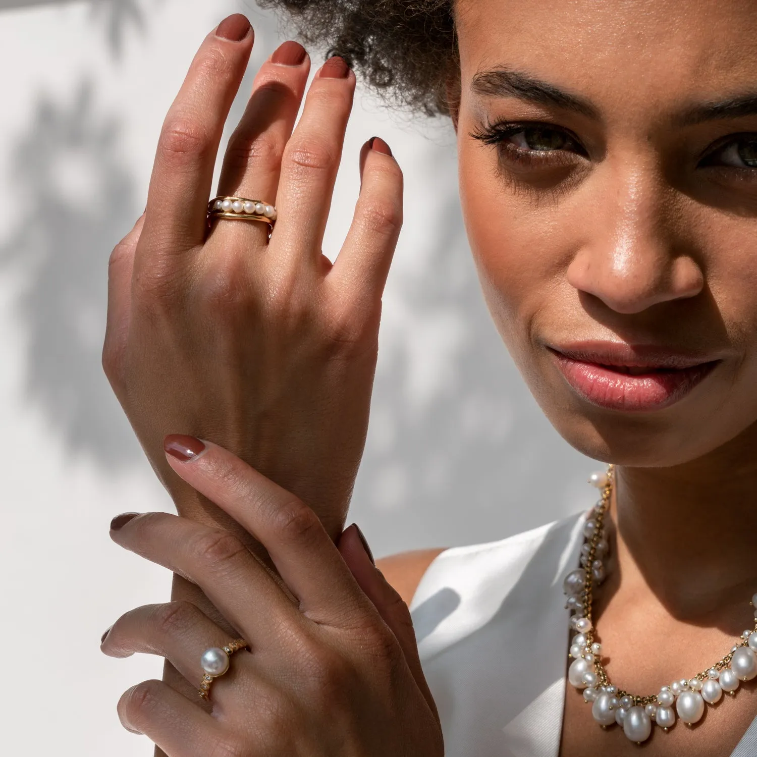 9k Gold & Pearl Waterfall Ring