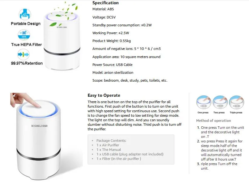 Air Purifier Air Cleaner with Home HEPA Filters and Night Light