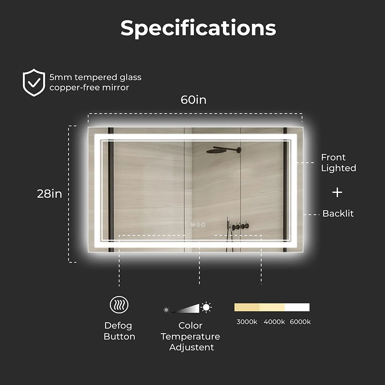 Awandee Home Backlit   Front Lighted Vanity Mirror for Bathroom 60 x 28 Inch