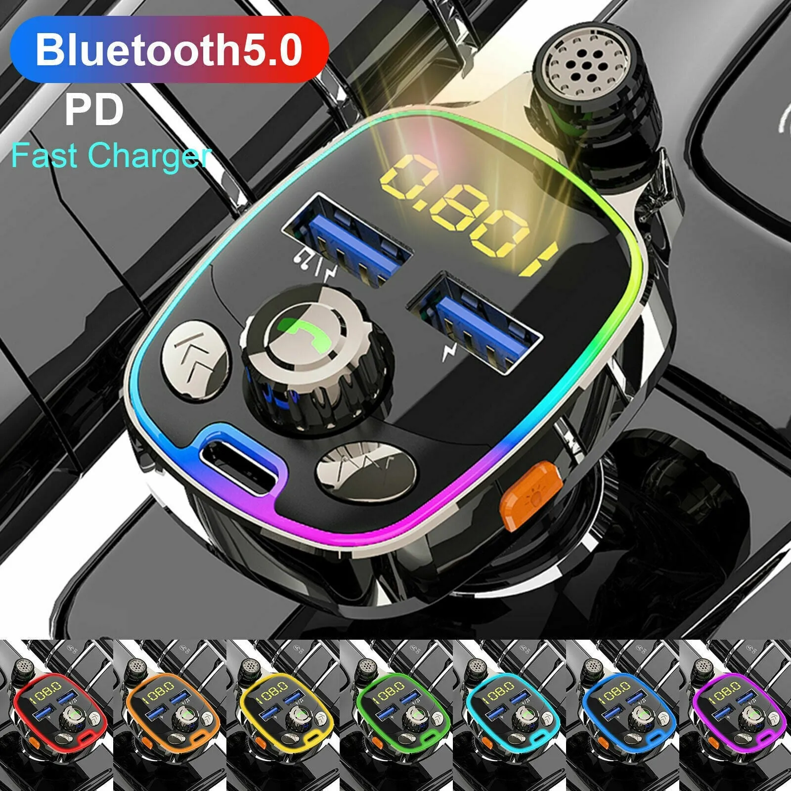 Car Bluetooth Fm Transmitter Pd Dual Usb Fast Charger Black