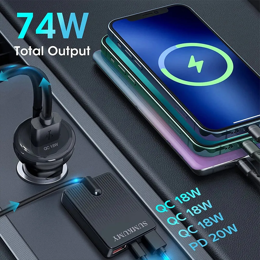 Car Charger 74W QC3.0 PD18W 4 Ports Fast Charging Adapter With