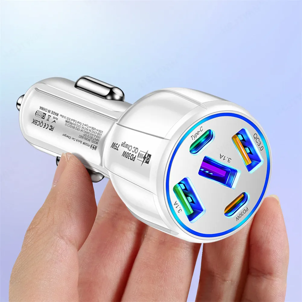 Car Charger 75W 5 Multi Port Car Charger Adapter 3 USB 2 PD Type