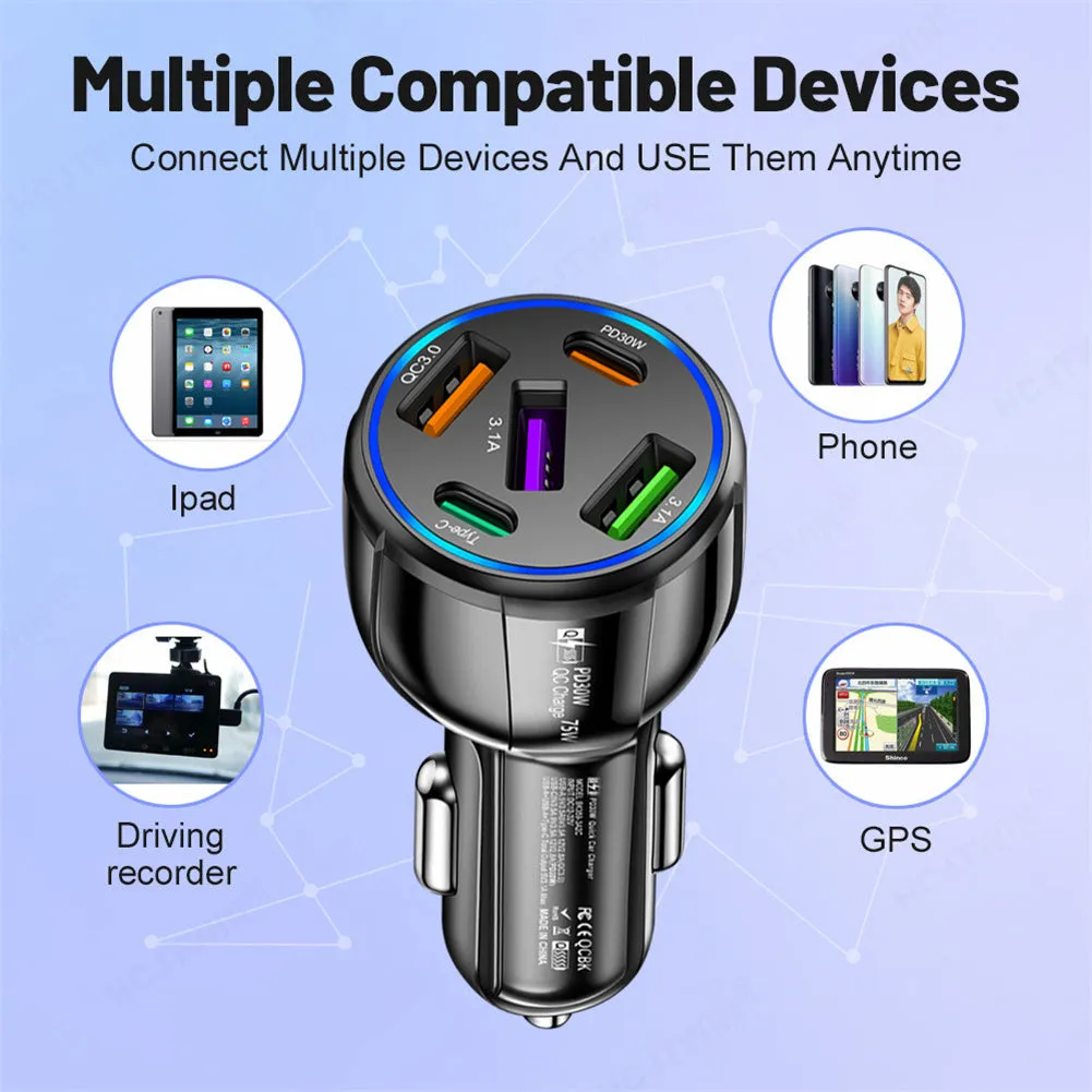 Car Charger 75W 5 Multi Port Car Charger Adapter 3 USB 2 PD Type