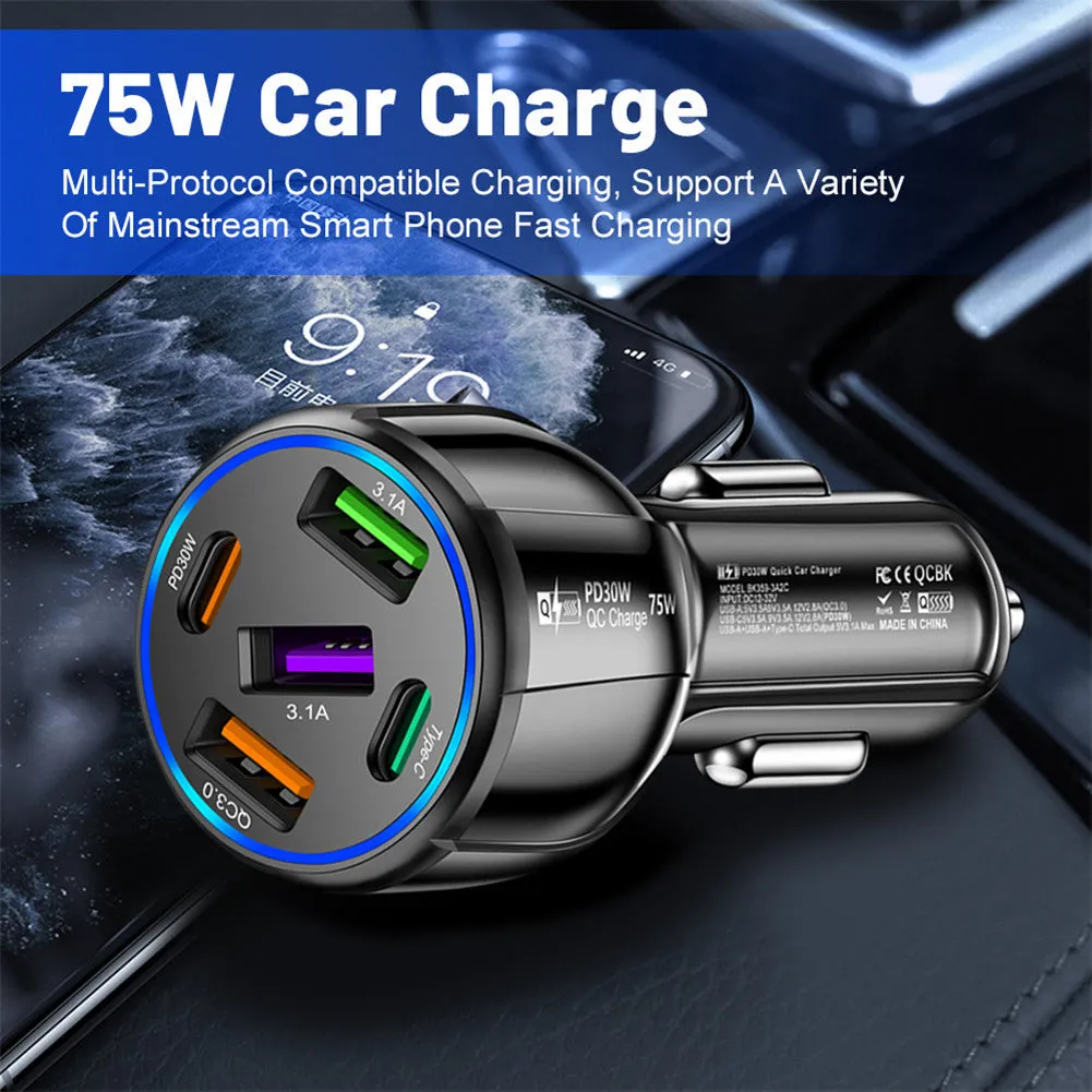 Car Charger 75W 5 Multi Port Car Charger Adapter 3 USB 2 PD Type