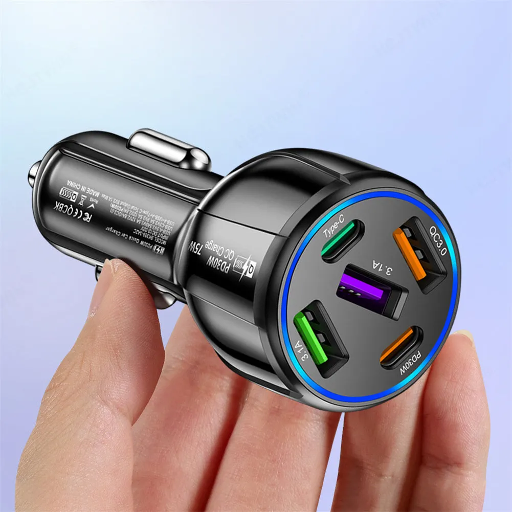 Car Charger 75W 5 Multi Port Car Charger Adapter 3 USB 2 PD Type