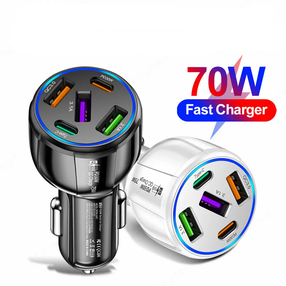 Car Charger 75W 5 Multi Port Car Charger Adapter 3 USB 2 PD Type