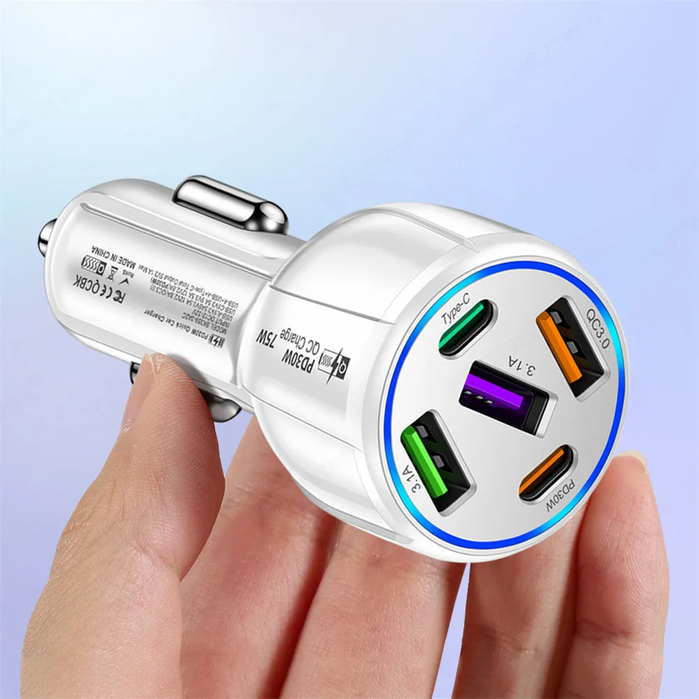 Car Charger 75W 5 Multi Port Car Charger Adapter 3 USB 2 PD Type