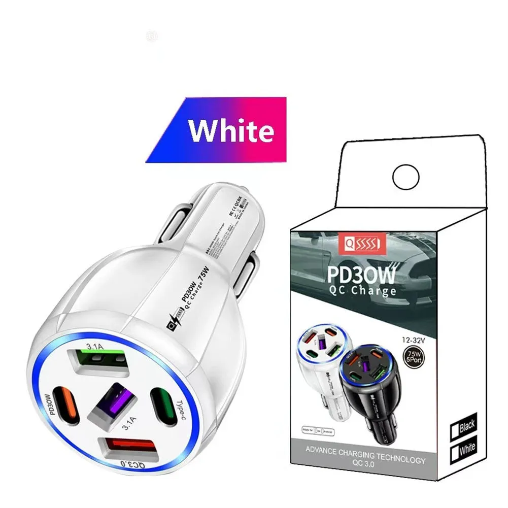 Car Charger 75W 5 Multi Port Car Charger Adapter 3 USB 2 PD Type