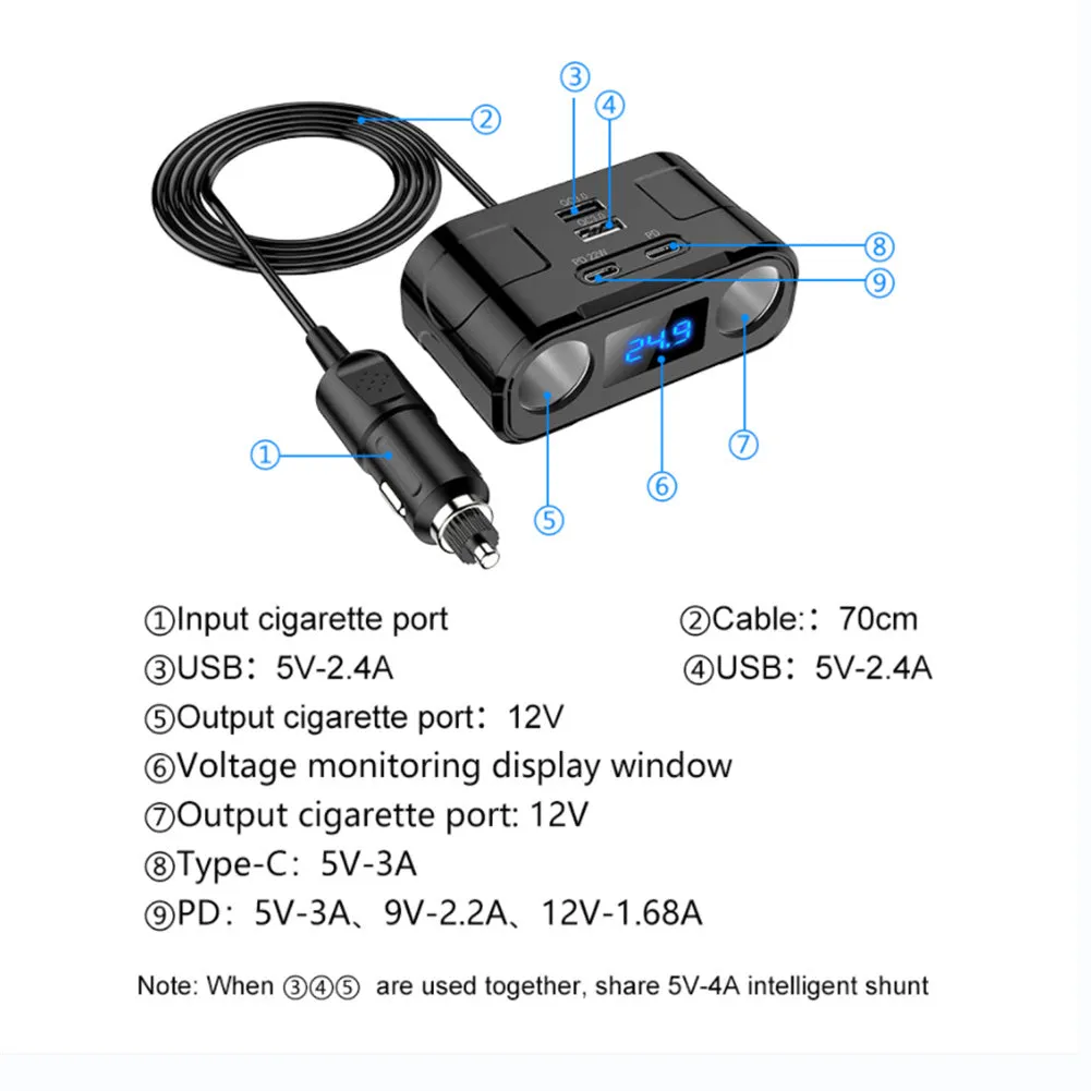 Car Charger Adapter 60W 4 Charging Ports Car Charger QC3.0 Fast