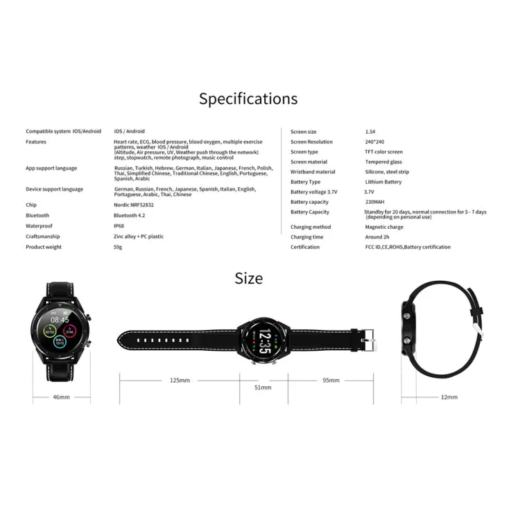 DT28 1.54" IP68 Waterproof Smartwatch with Silicone Strap, Bluetooth 4.2, Call Alerts, Blood Pressure Monitoring & Payment Features
