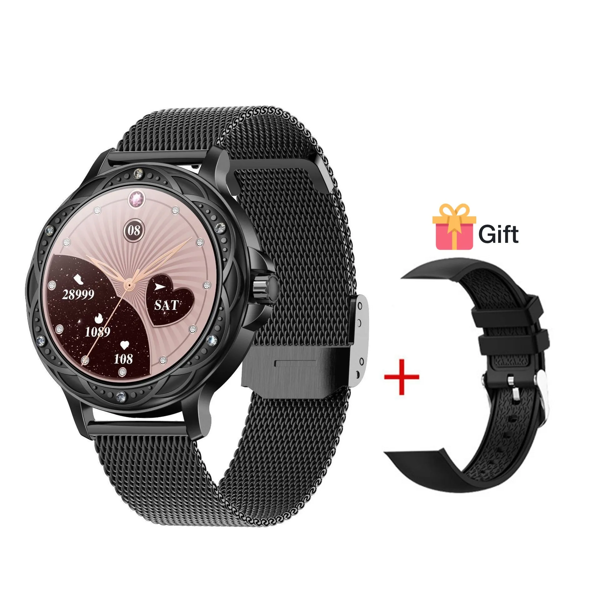 Fashionable Smart Watch for Women with Steel and Silicone Straps, Health Monitoring, and Menstrual Cycle Tracking