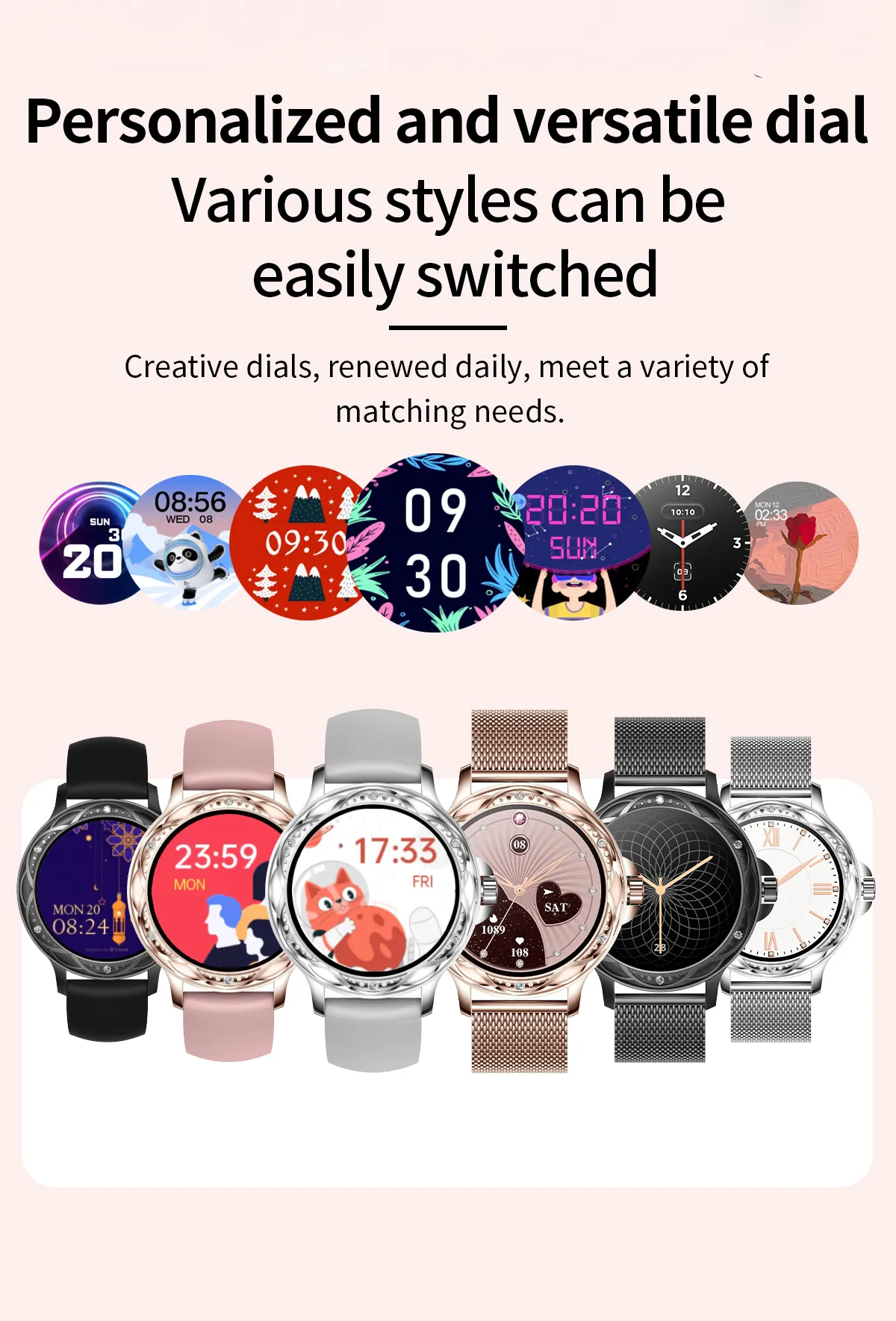 Fashionable Smart Watch for Women with Steel and Silicone Straps, Health Monitoring, and Menstrual Cycle Tracking