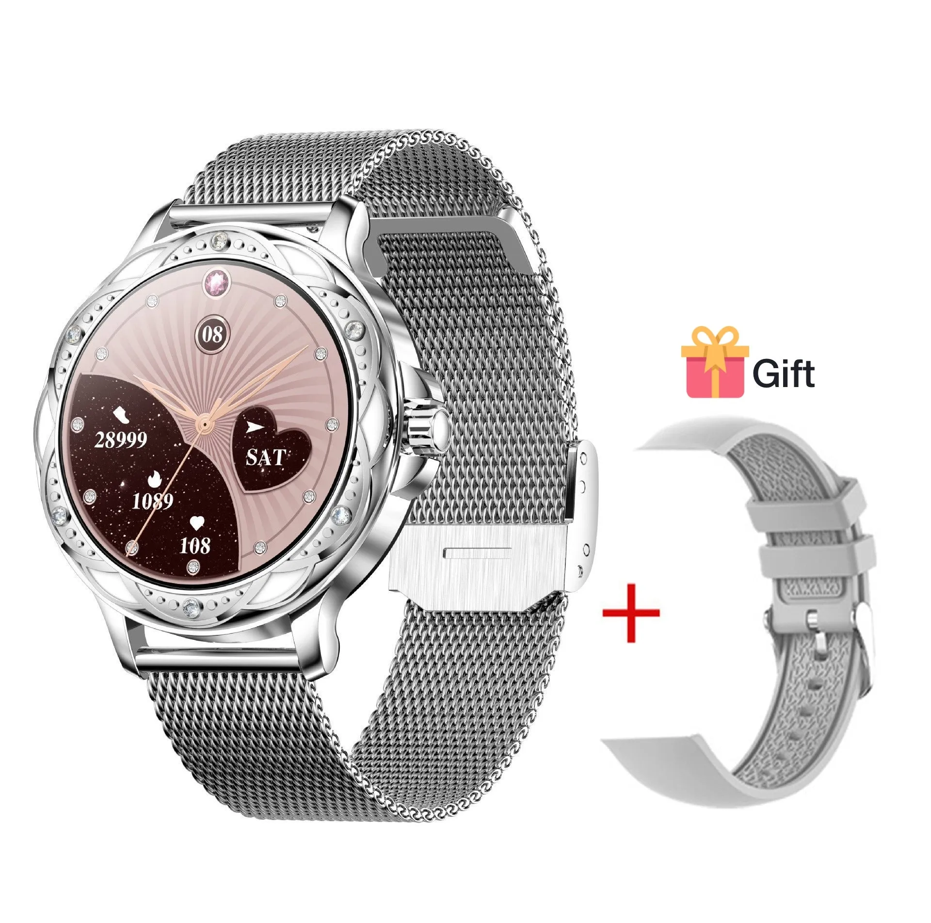 Fashionable Smart Watch for Women with Steel and Silicone Straps, Health Monitoring, and Menstrual Cycle Tracking