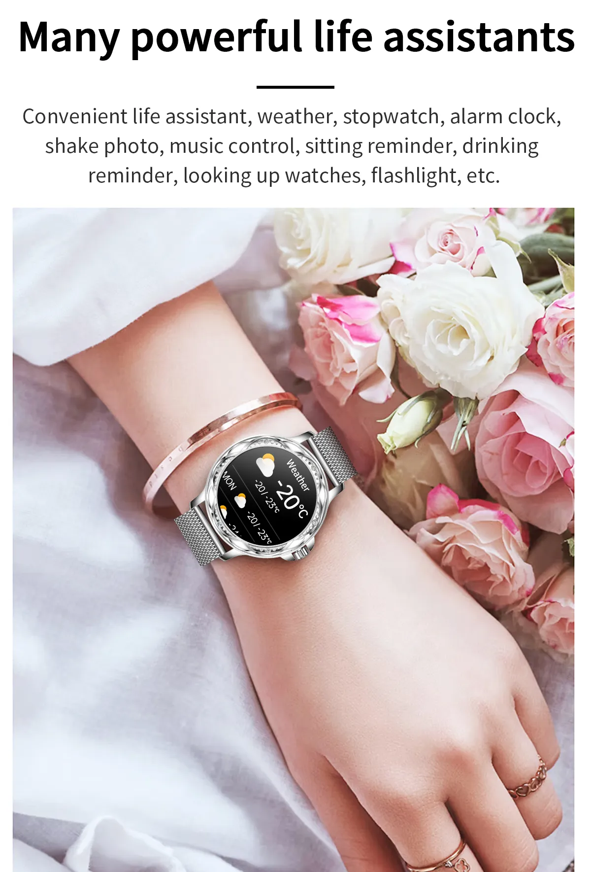Fashionable Smart Watch for Women with Steel and Silicone Straps, Health Monitoring, and Menstrual Cycle Tracking