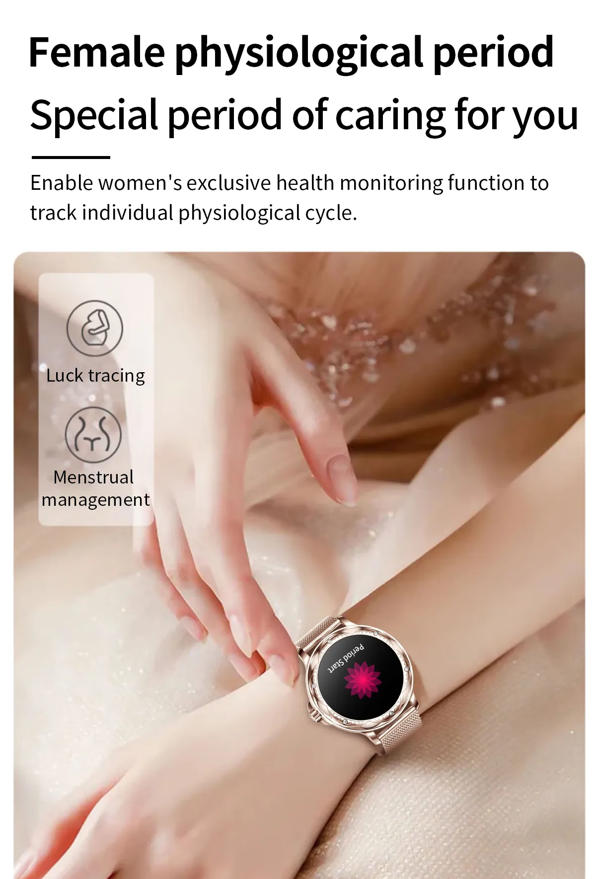 Fashionable Smart Watch for Women with Steel and Silicone Straps, Health Monitoring, and Menstrual Cycle Tracking