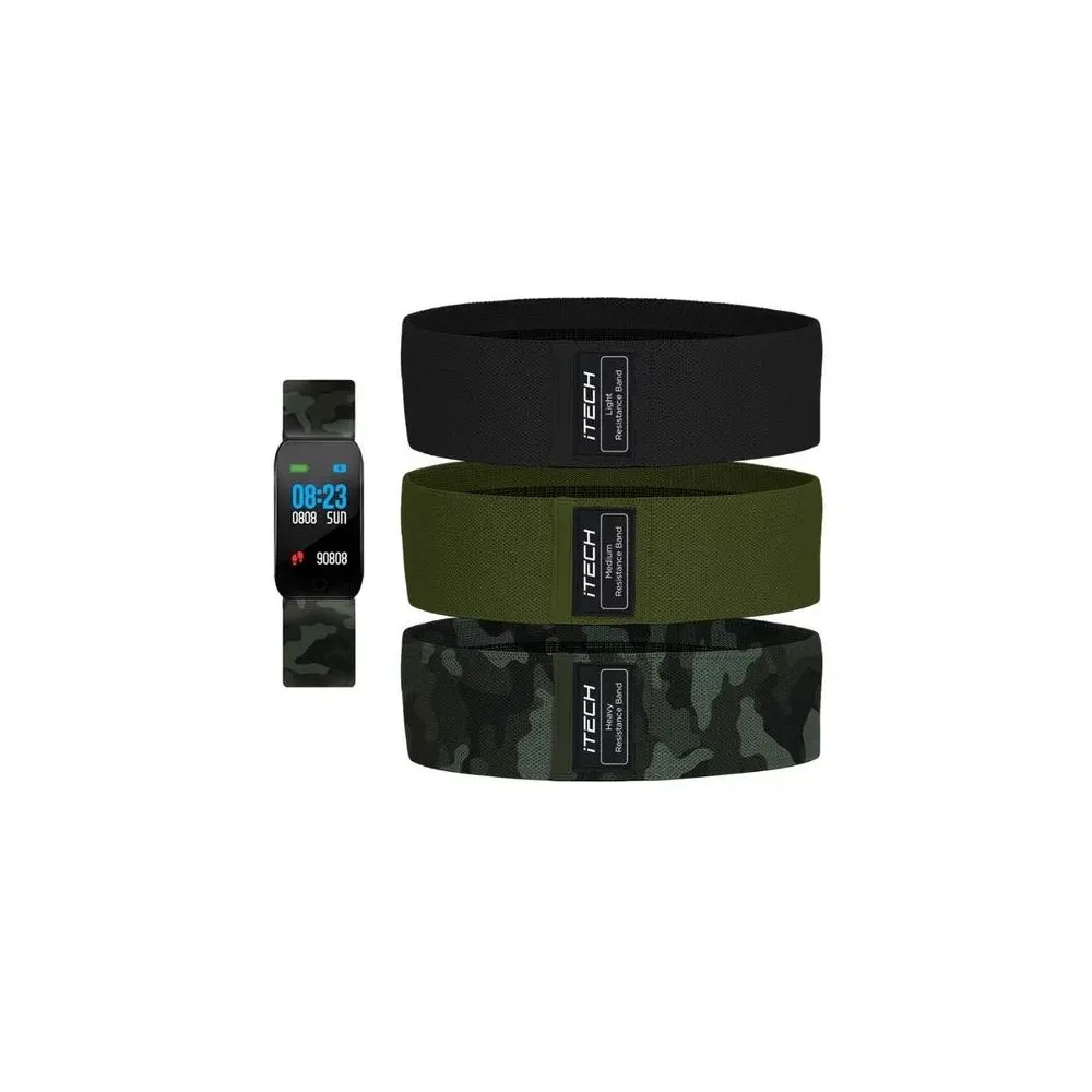iTECH IA206A-40-F01 Active Green Camo Fitness Tracker Bundle with Black Olive Green Camo Resistance Bands