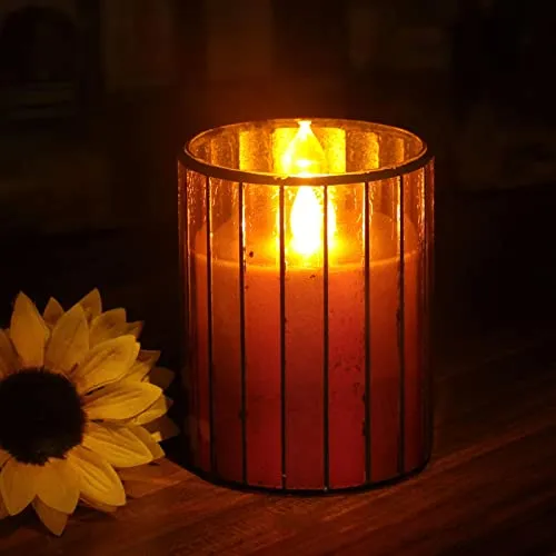 JAZZY PEARLS Battery Operated Candle Purple Glass Warm Light Flameless Candle 4 Inch H