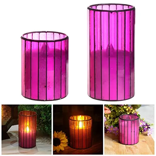 JAZZY PEARLS Battery Operated Candle Purple Glass Warm Light Flameless Candle 4 Inch H