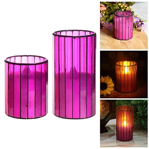 JAZZY PEARLS Battery Operated Candle Purple Glass Warm Light Flameless Candle 4 Inch H