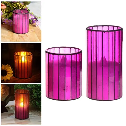 JAZZY PEARLS Battery Operated Candle Purple Glass Warm Light Flameless Candle 4 Inch H