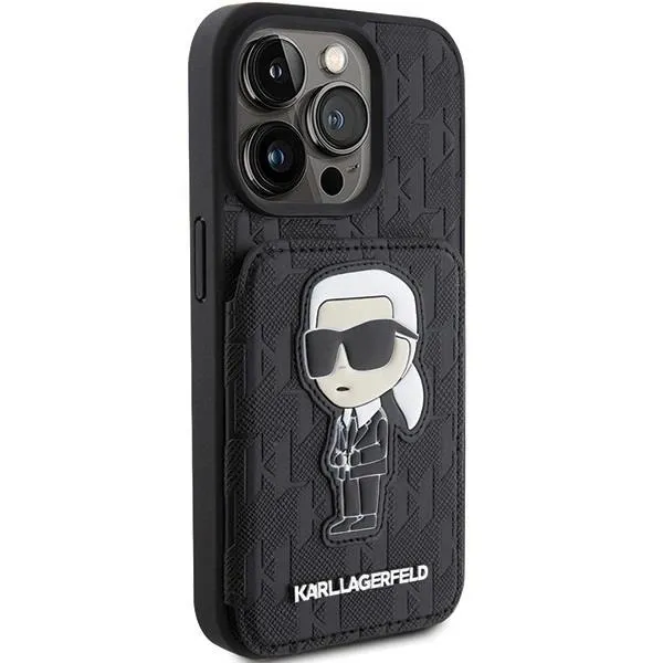 Karl Lagerfeld Saffiano Cardslots and Stand Monogram Ikonik Patch Case for iPhone 15 Pro Max 6.7" Black - KLHCP15XSAKKNSCK