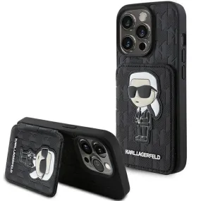 Karl Lagerfeld Saffiano Cardslots and Stand Monogram Ikonik Patch Case for iPhone 15 Pro Max 6.7" Black - KLHCP15XSAKKNSCK