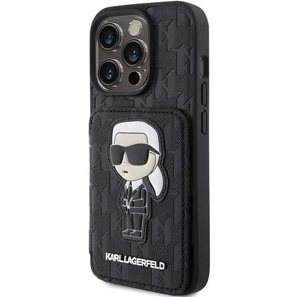 Karl Lagerfeld Saffiano Cardslots and Stand Monogram Ikonik Patch Case for iPhone 15 Pro Max 6.7" Black - KLHCP15XSAKKNSCK