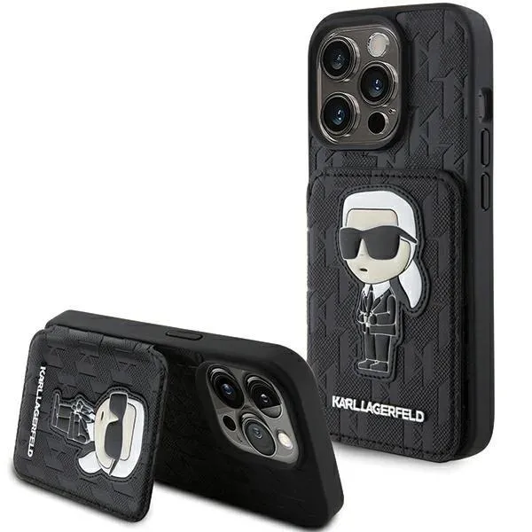 Karl Lagerfeld Saffiano Cardslots and Stand Monogram Ikonik Patch Case for iPhone 15 Pro Max 6.7" Black - KLHCP15XSAKKNSCK
