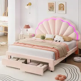 LED Smart Round Bed with Adjustable Headboard and Storage Drawers
