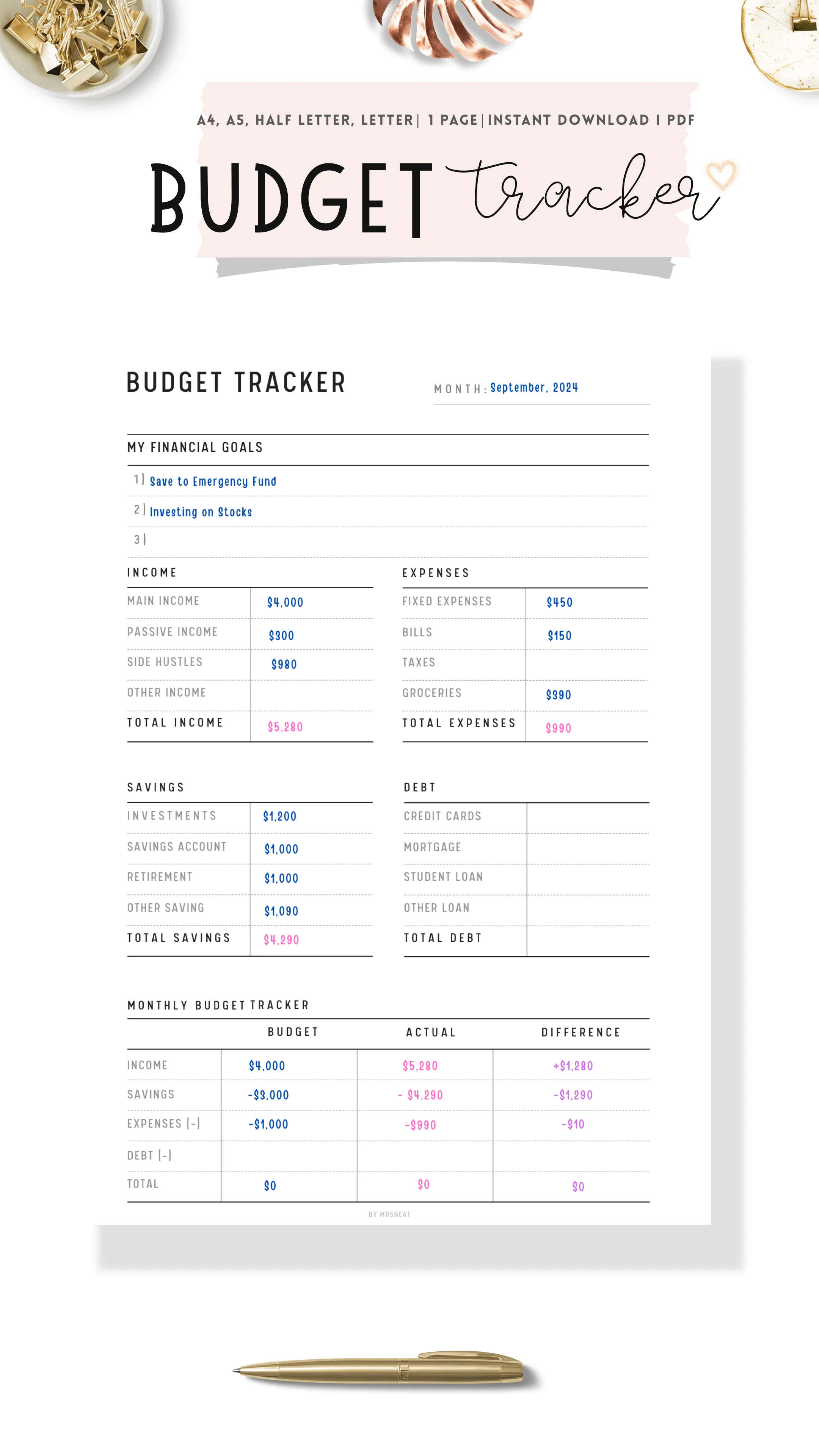 Minimalist Monthly Budget Tracker - M058