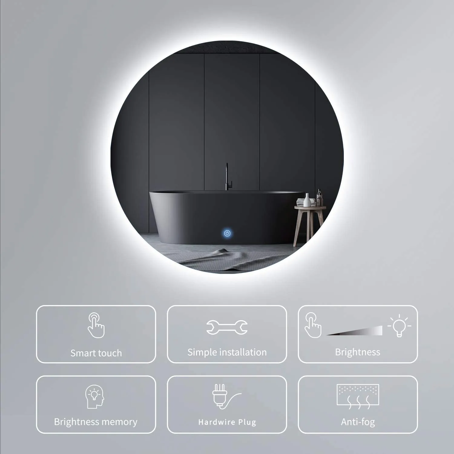 MIRPLUS 24'' Round LED Bathroom Mirror Backlit Frameless Anti-fog Dimmable Mirror