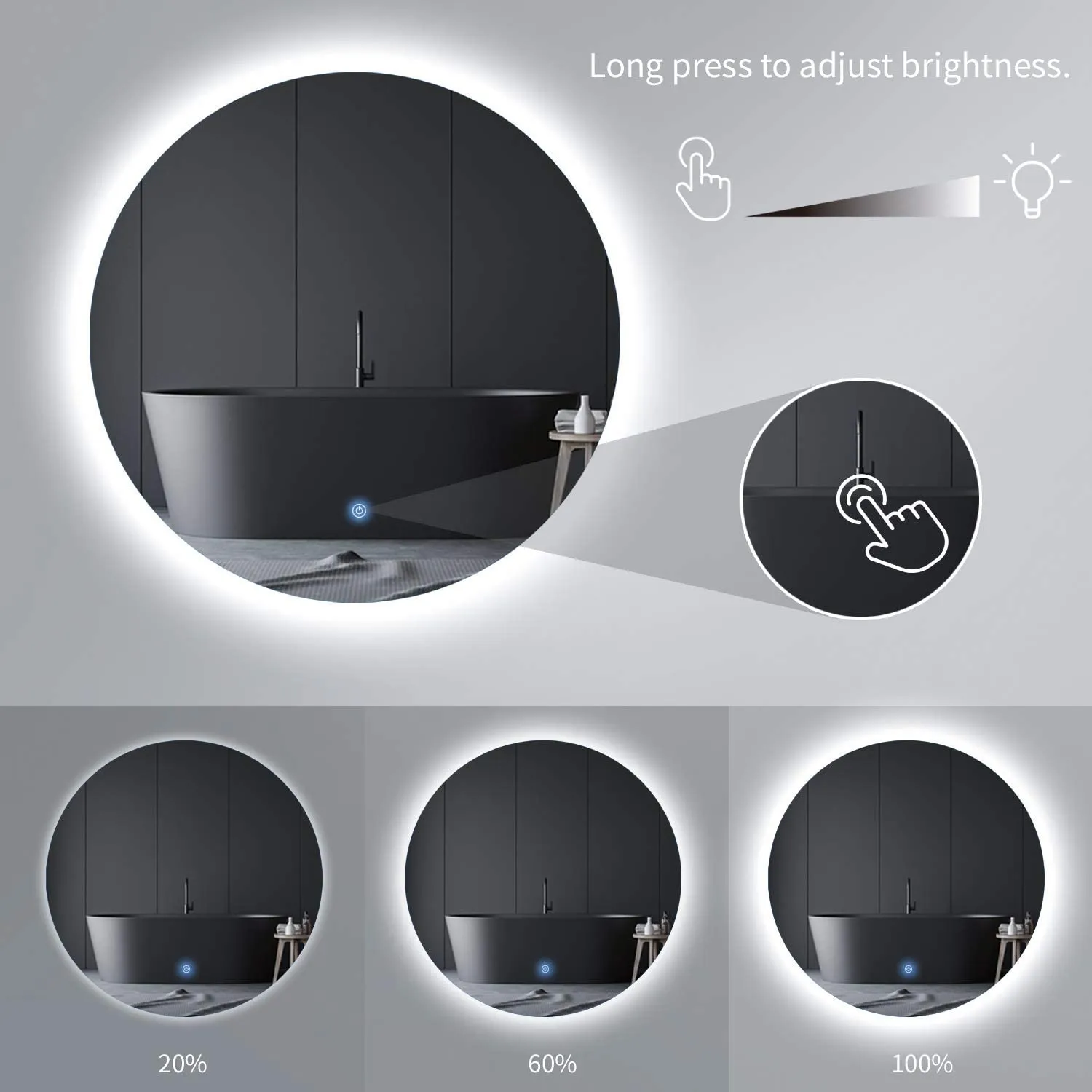 MIRPLUS 24'' Round LED Bathroom Mirror Backlit Frameless Anti-fog Dimmable Mirror