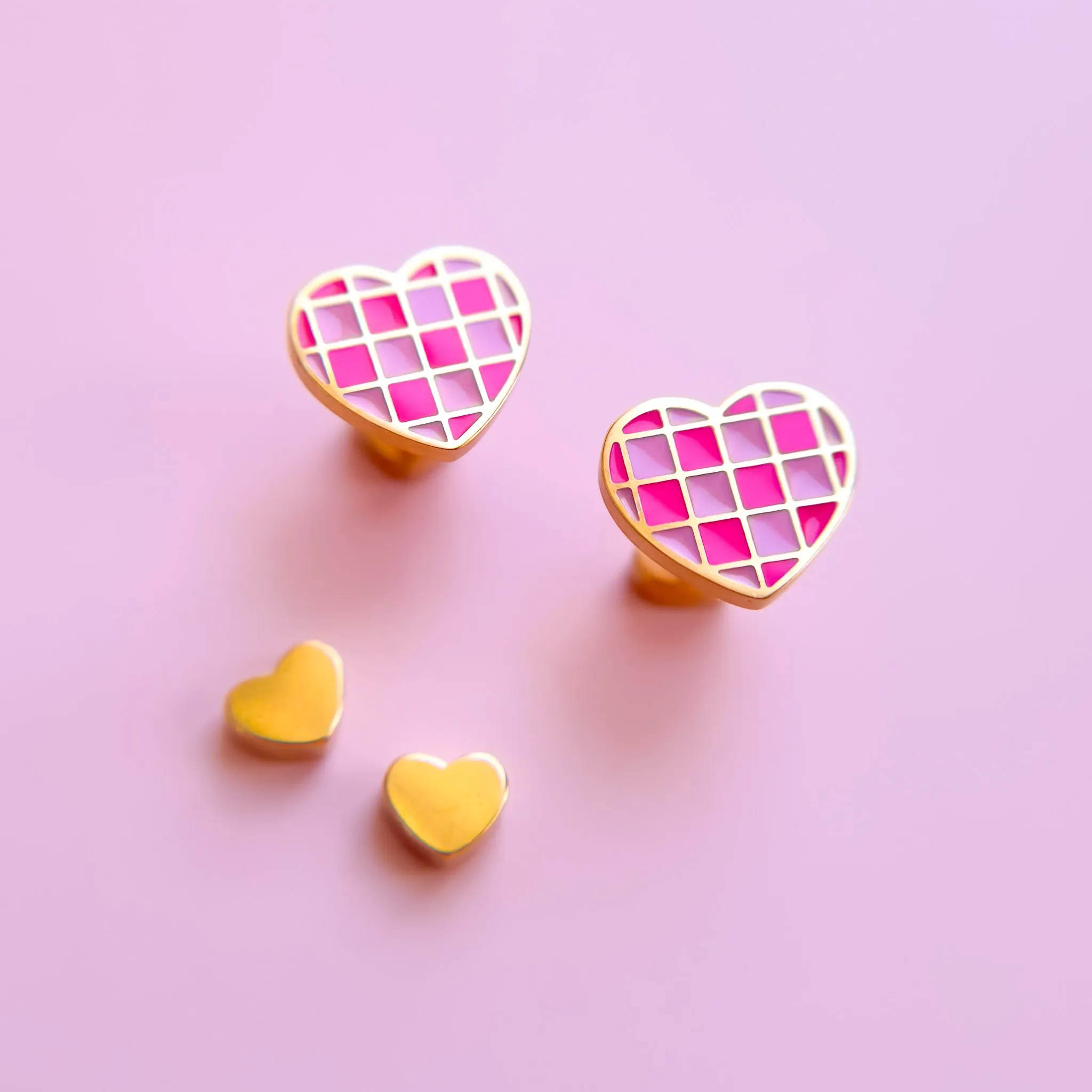 Pink Checkered Heart Stud Earrings