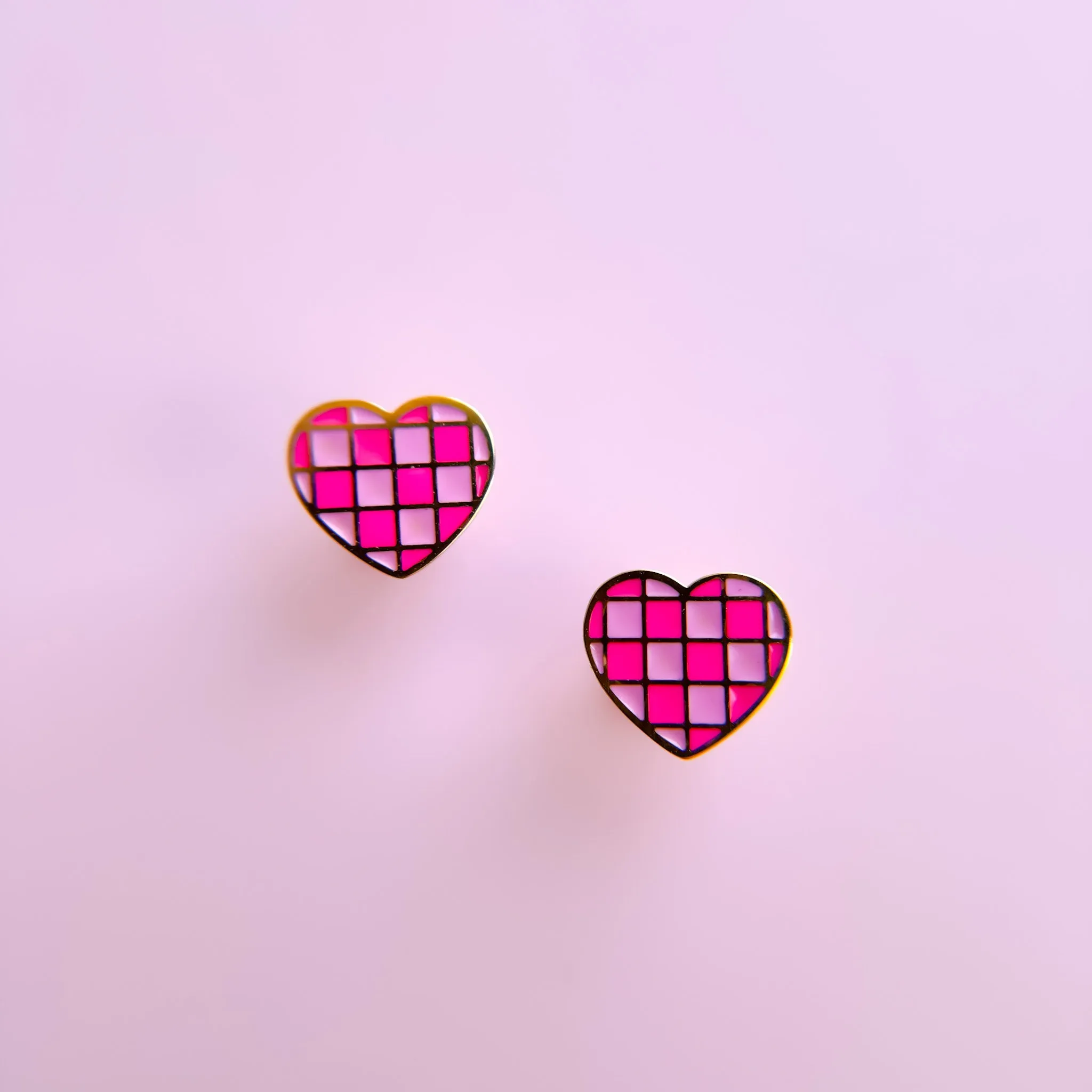 Pink Checkered Heart Stud Earrings