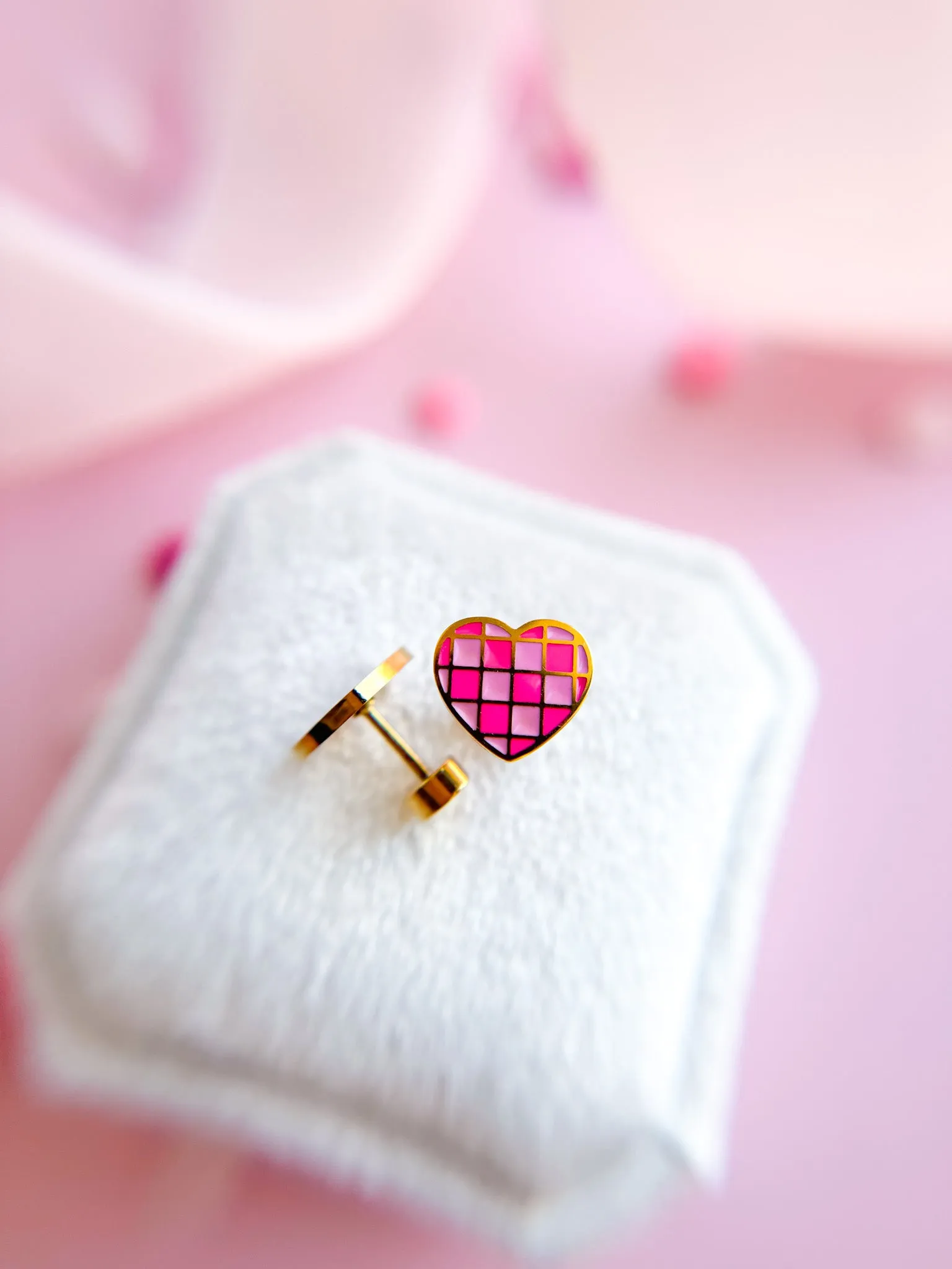 Pink Checkered Heart Stud Earrings