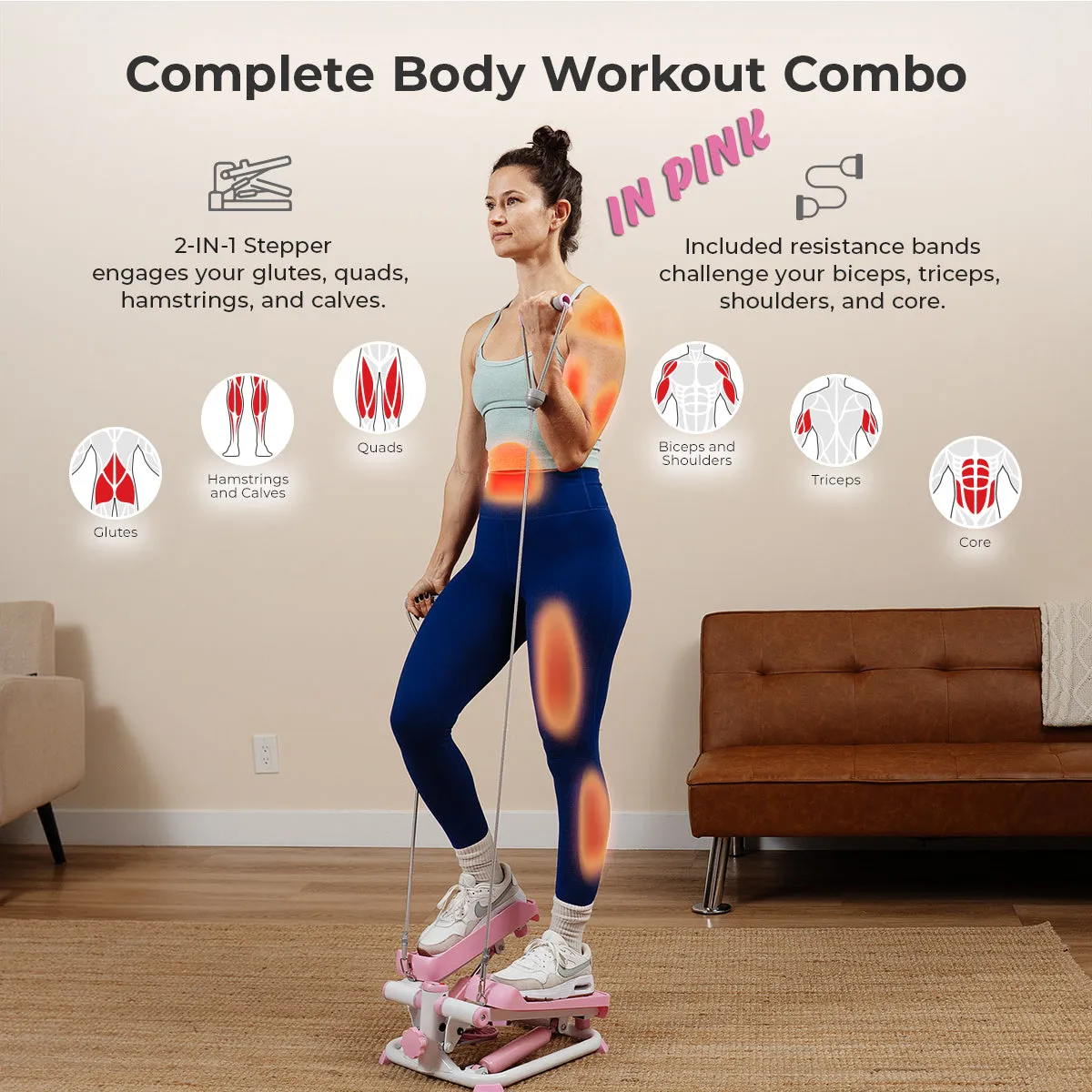 Smart Pink Mini Stepper with Resistant Bands