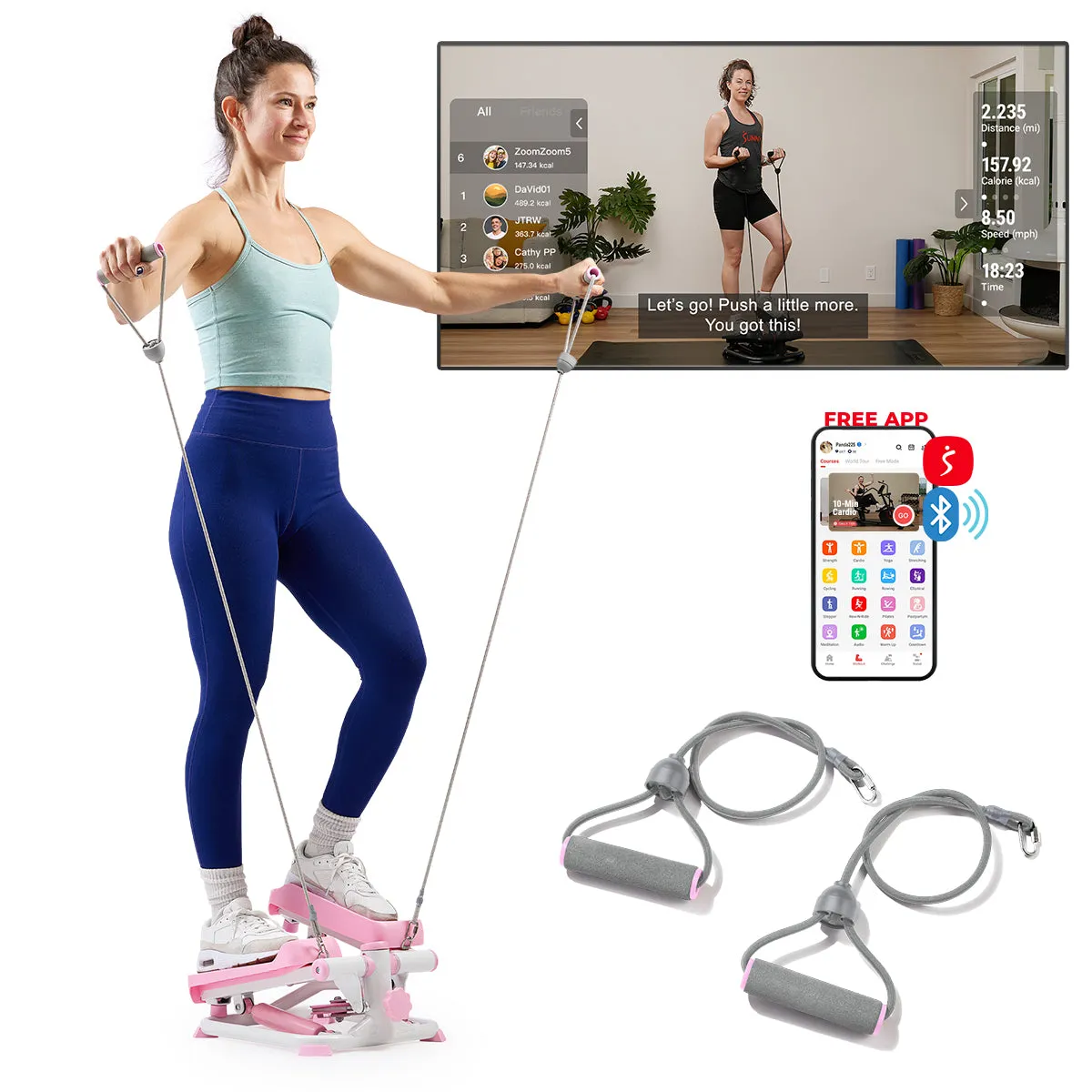 Smart Pink Mini Stepper with Resistant Bands