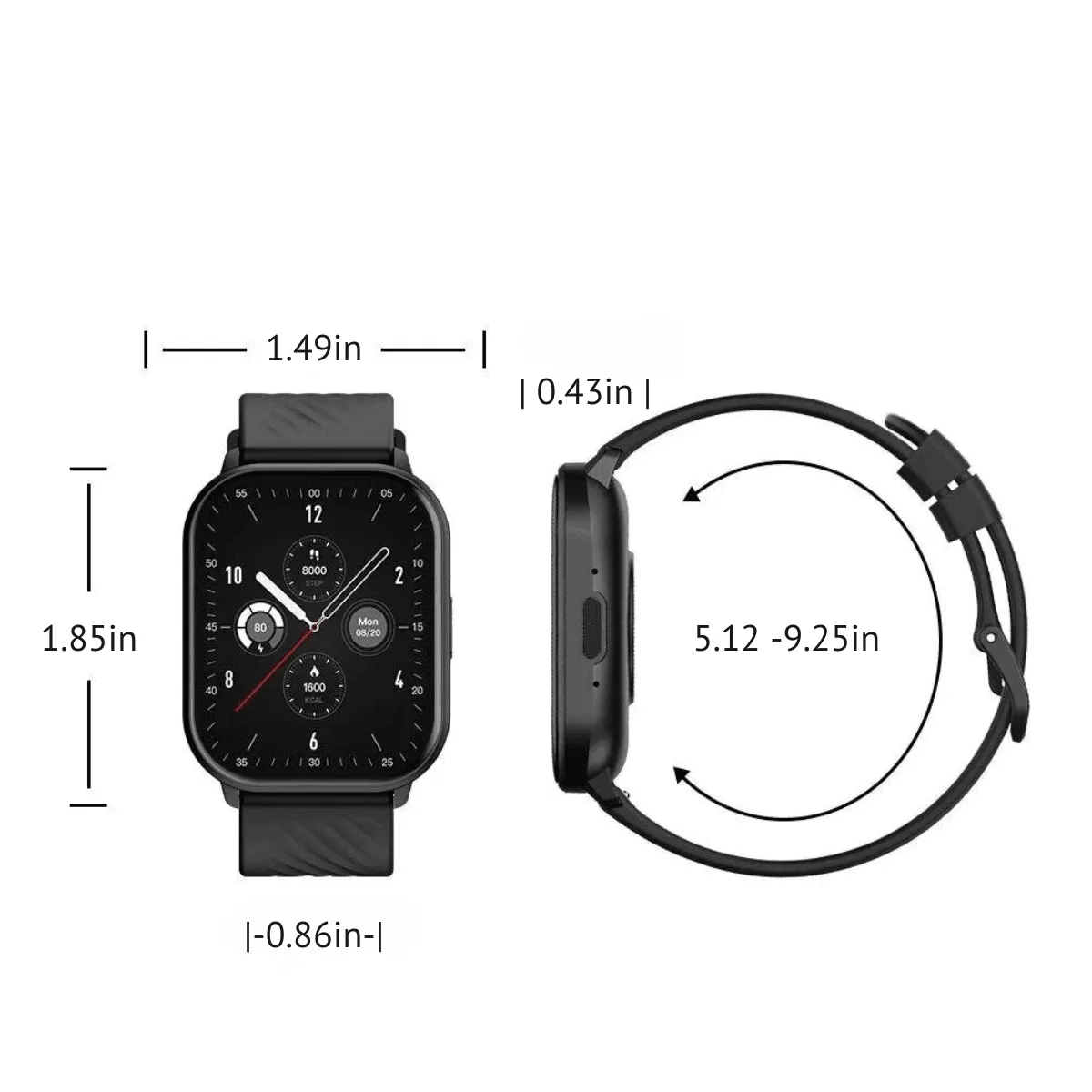 Smart Watch, 2.03" HD display, health & fitness tracking, notifications, music controls, waterproof, Bluetooth 5.2, rubber band, 220-300mAh battery.