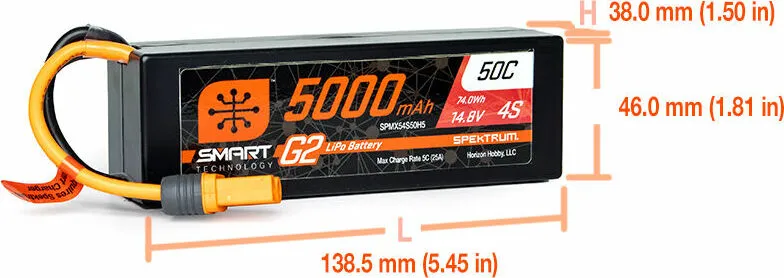 Spektrum 5000mAh 4S 14.8V Smart G2 LiPo 50C Hard Case IC5 SPMX54S50H5