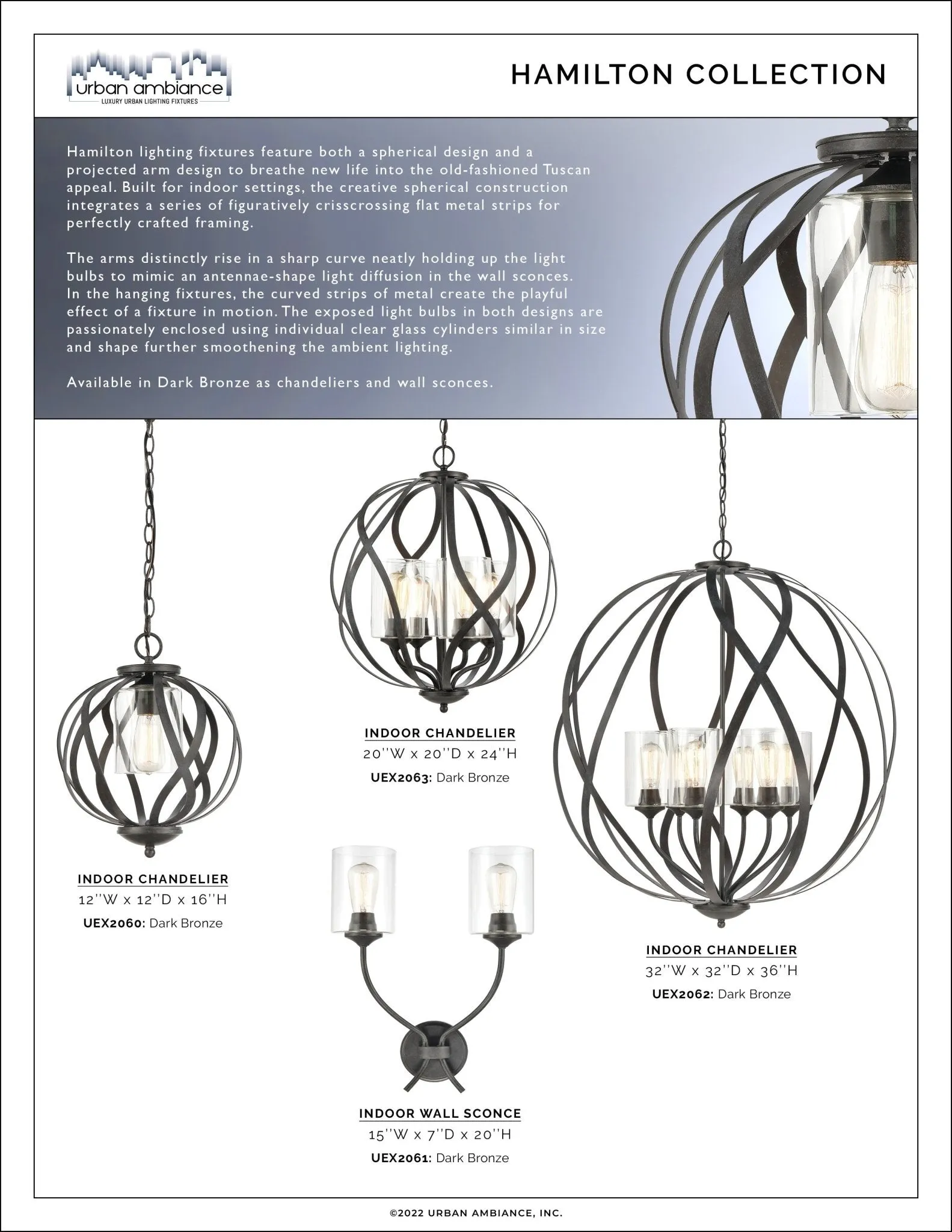 UEX2060 Tuscan Chandelier 16''H x 12''W, Dark Bronze Finish, Hamilton Collection