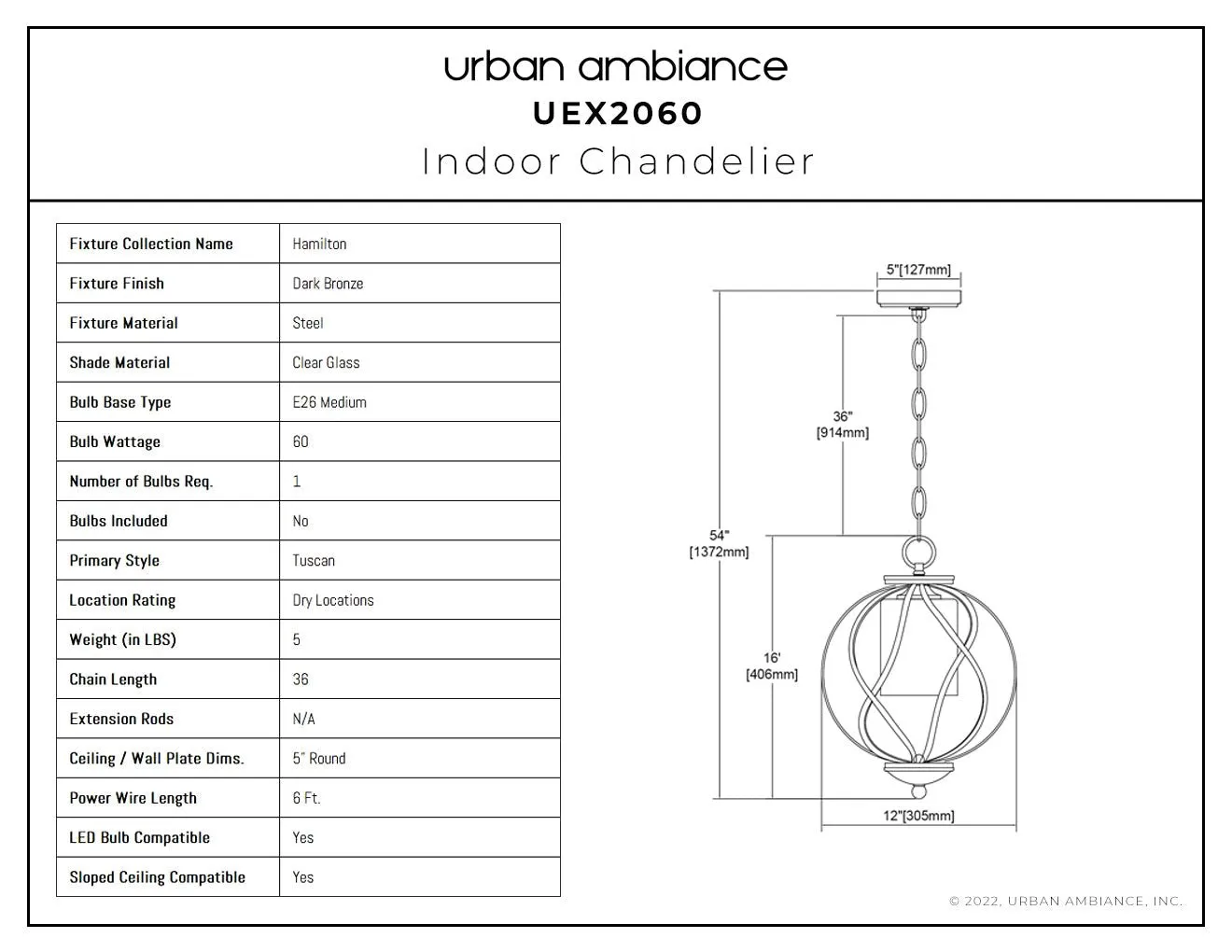 UEX2060 Tuscan Chandelier 16''H x 12''W, Dark Bronze Finish, Hamilton Collection