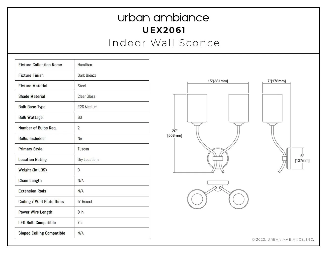 UEX2061 Tuscan Wall Sconce 20''H x 15''W, Dark Bronze Finish, Hamilton Collection